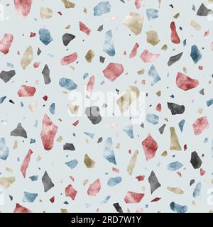 Abstraktes italienisches Terrazzo-Nahtloses Muster. Verstreute mehrfarbige Steine handgezeichnete Aquarelle dekorative Textur. Gebrochenes Buntglas, farbenfrohe Form Stockfoto