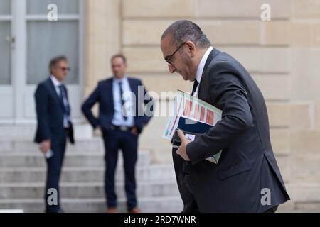 Paris, Frankreich. 19. Juli 2023. Pariser Polizeipräsident Laurent Nunez kommt am 19. Juli 2023 zu einer Tagung des Olympischen und Paralympischen Rates für die Olympischen und Paralympischen Sommerspiele 2024 in Paris im Elysee-Palast in Paris. Die Olympischen Sommerspiele 2024 in Paris finden vom 26. Juli bis 11. August 2024 und die Paralympischen Spiele vom 28. August bis 8. September statt. Foto: Raphael Lafargue/ABACAPRESS.COM Kredit: Abaca Press/Alamy Live News Stockfoto