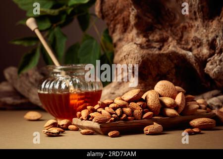 Mandelnüsse in einer Holzschale und Honig in einem Glasgefäß. Stille Leben mit frisch gekürzten Nüssen und alten Knackern. Stockfoto