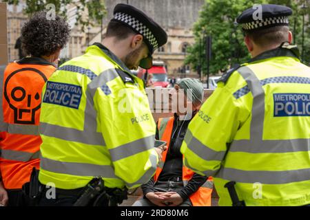 London, Großbritannien. 19. Juli 2023. Just Stop Oil (JSO) Demonstranten und Verhaftungen vor dem Obersten Gerichtshof in London Es wird davon ausgegangen, dass die Verhaftungen wegen Verletzung der Kautionsbedingungen früherer Proteste durchgeführt wurden Kredit: Ian Davidson/Alamy Live News Stockfoto