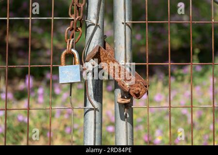 Detail des Schließbereichs der industriellen Außentore mit Kette und Vorhängeschloss Stockfoto