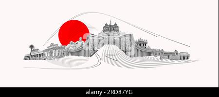 Collage der berühmten Wahrzeichen Roms. Das moderne Kunstdesign bietet den besten Blick auf Rom, Italien und Europa. Stockfoto