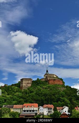 Blick auf das Rätselschloss im Burgenland, Österreich, an einem Sommertag, vertikal Stockfoto