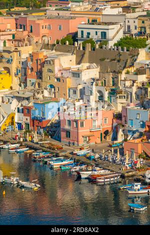 Aerial of Marina di Corricella, Procida, Flegrean Islands, Campania, Italien, Europa Stockfoto