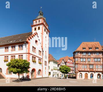 Rathaus und Palmsches Haus am Marktplatz, Mosbach, Neckartal, Odenwald, Baden-Württemberg, Deutschland, Europa Stockfoto