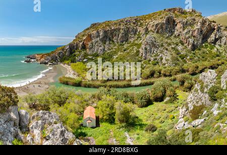 Palm Beach von Preveli, Rethymno, Kreta, Griechische Inseln, Griechenland, Europa Stockfoto