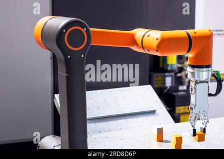 Industrielles Bestücken und Einsetzen, Qualitätsprüfungen oder maschinell bearbeitender Roboterarm Stockfoto