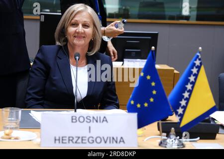 Brüssel, Belgien. 19. Juli 2023. Borjana KRISTO, Vorsitzende des Ministerrates von Bosnien und Herzegowina, nimmt am 19. Juli 2023 am Stabilitäts- und Assoziationsrat EU-Bosnien und Herzegowina in Brüssel (Belgien) Teil. Kredit: ALEXANDROS MICHAILIDIS/Alamy Live News Stockfoto