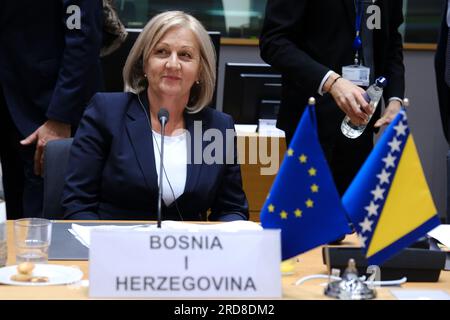 Brüssel, Belgien. 19. Juli 2023. Borjana KRISTO, Vorsitzende des Ministerrates von Bosnien und Herzegowina, nimmt am 19. Juli 2023 am Stabilitäts- und Assoziationsrat EU-Bosnien und Herzegowina in Brüssel (Belgien) Teil. Kredit: ALEXANDROS MICHAILIDIS/Alamy Live News Stockfoto