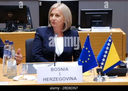 Brüssel, Belgien. 19. Juli 2023. Borjana KRISTO, Vorsitzende des Ministerrates von Bosnien und Herzegowina, nimmt am 19. Juli 2023 am Stabilitäts- und Assoziationsrat EU-Bosnien und Herzegowina in Brüssel (Belgien) Teil. Kredit: ALEXANDROS MICHAILIDIS/Alamy Live News Stockfoto