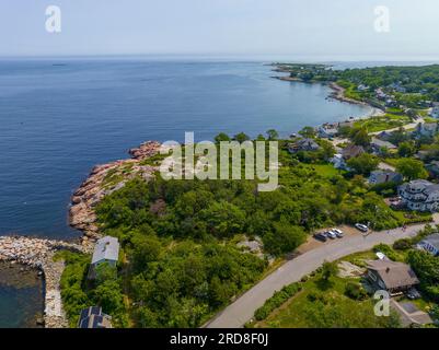 Rockport Harbor aus der Vogelperspektive bei Sandy Bay im historischen Küstendorf Rockport, Massachusetts, MA, USA. Stockfoto