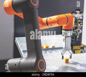Roboter- oder Roboterarm für industrielles Bestücken, Einsetzen, Qualitätsprüfungen oder Maschinenpflege Stockfoto