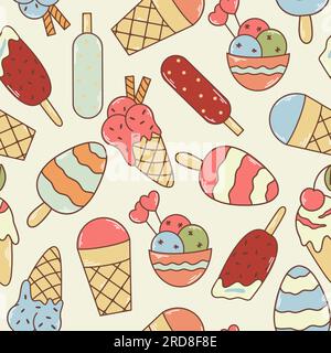 Verschiedene handgezeichnete Eiscreme-Hintergründe. Milchdessert mit nahtlosem Muster. Eis am Stiel, Eiscreme, Eiskugeln, Waffeln, Konusset. Sommeraufdruck Stock Vektor