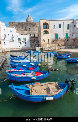 Reihen blauer Holzboote im Wasser des Hafens der Altstadt von Monopoli, Monopoli, Provinz Bari, Apulien, Italien, Europa Stockfoto