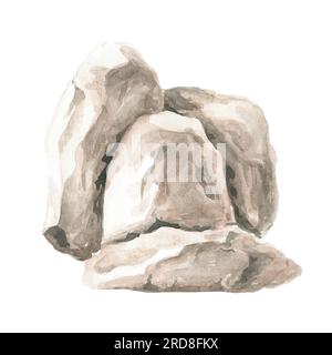 Stein. Landschaftsdesign-Element. Handgezeichnete Aquarelldarstellung isoliert auf weißem Hintergrund Stockfoto