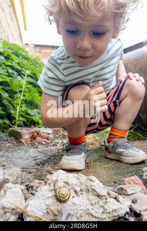 Ein kleiner Junge entdeckte eine Schnecke mit einer Muschel im Garten Stockfoto