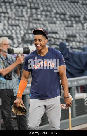 Juli 18 2023 Houston Shortstop Jeremy Pena (3) vor dem Spiel mit Houston Astros und Colorado Rockies im Coors Field in Denver Co David Seelig/Cal Sport Medi Stockfoto