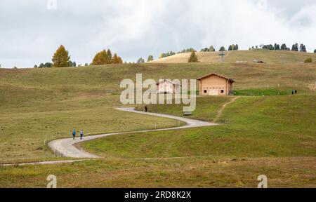 Windige Straßen-Chalet Holzhäuser und Menschen, die in der Natur wandern Stockfoto