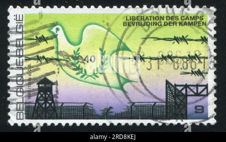 RUSSLAND KALININGRAD, 20. OKTOBER 2015: Briefmarke gedruckt von Belgien, zeigt die Befreiung der Konzentrationslager von Dove, ca. 1985 Stockfoto