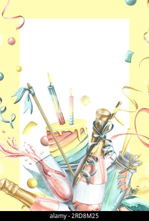 Vertikale Geburtstagskarte mit rosafarbenem Champagner, Ballons, Geschenken, Konfetti, Flaggen, Kuchen. Aquarell, handgezeichnet. Rahmenvorlage für Text auf einem Stockfoto