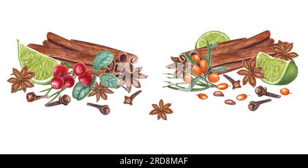 Zimtstangen, rote huckleberry, Sanddorn, Limettenscheibe, Piniennadeln, Gewürznelken, Sternanis isoliert auf weißem Hintergrund. Aquarelle botanische Illus Stockfoto