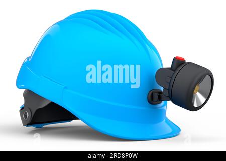 Gelber Schutzhelm oder harte Kappe mit Taschenlampe isoliert auf weißem Hintergrund. 3D Darstellung und Darstellung von Kopfbedeckungen und Handyman-Werkzeugen Stockfoto