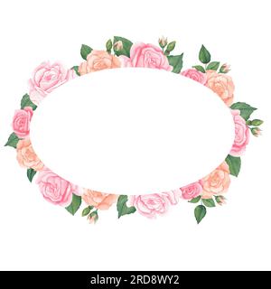 Geblümter, wasserfarbener Rahmen mit pinkfarbenen Rosenblumen handgezogene Vorlage für Grußkarten oder Hochzeitseinladungen auf abgelegenem Hintergrund. Runder botan Stockfoto