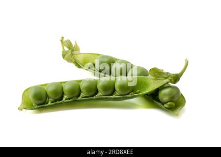 Zwei offene Hälften Erbsenschoten mit Erbsen auf weißem Hintergrund. Speicherplatz kopieren. Stockfoto