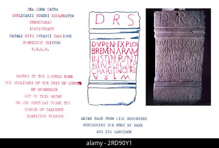 Beschreibung und Übersetzung des Altarstützpunktes von High Rochester, in dem die Festung mit dem Namen Bremenium und ihre Garnison erwähnt wird. Bremenium - eine antike römische Festung (Kastrum) in Rochester, Northumberland, England. Die Festung war eine der Verteidigungsstrukturen, die entlang der Dere Street errichtet wurden, einer römischen Straße, die von York nach Corbridge und weiter nach Melrose verläuft. Archivscan von einer Dia. Mai 1975. Stockfoto