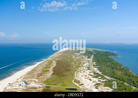 Luftaufnahme der Mobile Bay und des Golfs von Mexiko in Fort Morgan, Alabama im Juli Stockfoto