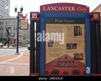 Penn Square historischer Marker in Lancaster, Pennsyvania, 5. Juni 2023, © Katharine Andriotis Stockfoto