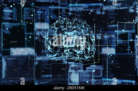 Kognitive Computertechnik, die es Computern ermöglicht, menschliche Gehirnfunktionen zu replizieren. KI-Algorithmen zum Selbstlernen basierend auf Data Mining und Mustererkennung, die zur Identifizierung von Problemlösungen und 3D-Rendering verwendet werden Stockfoto