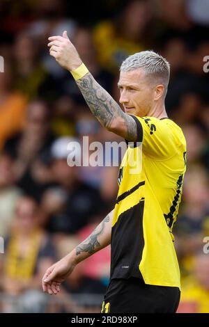 Oberhausen, Deutschland, 1. Fussball Bundesliga Freundschaftsspiel Rot Weiss Oberhausen vs. Borussia Dortmund 2:3 am 19. 07. 2023 im Stadion Niederrhein in Oberhausen Marco REUS (BVB) Norbert Schmidt, Düsseldorf Stockfoto