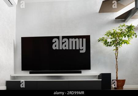 Teil des Wohnzimmers mit Fernseher an der Wand, HiFi-Ausstattung, Soundbar, grauem Schrank und einer großen Innenblume. TV- und Musiksystem Stockfoto
