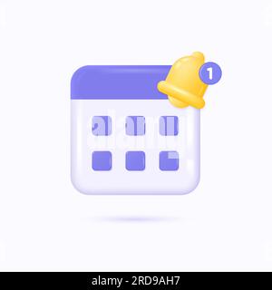 3D-Kalender und gelbe Glockensymbol im Cartoon-Stil. Konzept von Business Planning Alert, Remindern, Events. 3D-Rendering. vektordarstellung isoliert o Stock Vektor