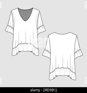 Damen Cross-Cross-Saum mit V-Ausschnitt und Armrüschen T-Shirt Oberteil Bluse Mode FlatSketch Technical Drawing Template Design Vector Stock Vektor