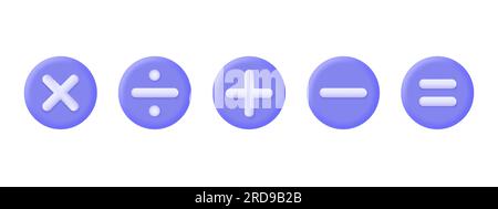 3D Satz mathematischer Zeichen. Plus, Minus, Dividieren, Multiplizieren, gleich. Runde Schaltflächen für den Rechner. vektordarstellung isoliert auf weißem Hintergrund Stock Vektor