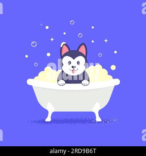 Vektor-Cartoon-Illustration eines süßen Kawaii-Husky, der ein Bad voller Seifenschaum nimmt. Tierpflegekonzept. Stock Vektor