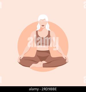 Ein Mädchen, das in Lotusposition sitzt. Darstellung von Figuren in flacher Form. Yoga, Entspannung, Selbstwahrnehmung. vector template.illustr Stock Vektor