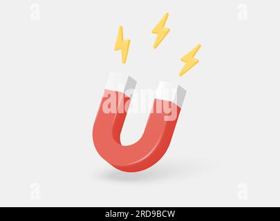 3D roter Magnet und Blitz für Anziehungskraft auf weißem Hintergrund. Magnetkonzept für Unternehmensinvestitionen, Erträge und finanzielle Einsparungen, Geldverdiener. Stock Vektor