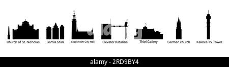 Silhouetten der architektonischen Sehenswürdigkeiten stockholms. Vektordarstellung zur Erstellung einer eigenen Konstruktion, isoliert auf weißem Hintergrund. Stock Vektor