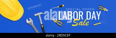 Werbebanner oder Plakatvorlage für Sonderangebote am Arbeitstag. Gutscheinrabatt. vektordarstellung mit Konstruktionswerkzeugen. Das Fest-Konzept des Labour Day. Stock Vektor