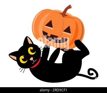 Schwarze Katze und halloween-Kürbis. Zeichentrickfigur. Vektordarstellung . Stock Vektor