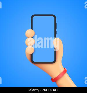 3D Hand einer Person oder Figur mit Armband hält ein Telefon. Smartphone-Modell. vektor 3D-Darstellung isoliert auf blauem Hintergrund. Stock Vektor