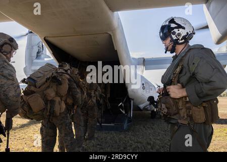 EIN US-AMERIKANISCHER Marinekorps MV-22B Osprey Crew Chief Marine Medium Tiltrotor Squadron 265 (sein.), 31. Marine Expeditionary Unit, überwacht Marines mit Bataillon Landing Team 2/1, 31. MEU, besteigen das Flugzeug nach Abschluss ihrer Ziele an einem vorderen Scharfstellen- und Tankpunkt im Shoalwater Bay Training Area, 6. Juli 2023. Der Auszug lieferte Marines innerhalb einer fortgeschrittenen Expeditionsbasis, um zum Amphibienschiff USS America (LHA-6) zurückzukehren und bei Bedarf eine weitere EABO einzurichten. Die 31. MEU operiert an Bord von Schiffen der America Amphibious Ready Group in der 7.-Flotte Stockfoto