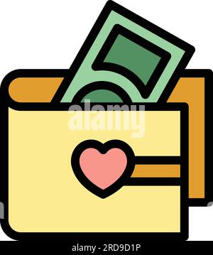 Brieftasche, Liebesgeld, Symbolkontur, Vektor. Emoji-Schulden. Preisgünstiger Fahrstuhl, flach Stock Vektor