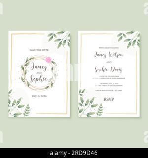 Hochzeitseinladung mit Blättern, Wein- und Blumenvorlage im rustikalen Stil. vektordarstellung. Stock Vektor