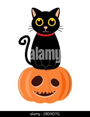 Schwarze Katze und halloween-Kürbis. Zeichentrickfigur. Vektordarstellung . Stock Vektor