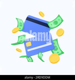 Kreditkarten, grüne Dollar und Goldmünzen im Flug. vektorrealistische 3D-Darstellung im Cartoon-Stil. Konzept der Bezahlung von Einkäufen per Karte, Mo Stock Vektor