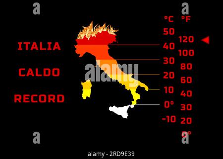 italien, die Sommertemperaturen und der Klimawandel führen dazu, dass der Temperaturanstieg maximale Höchstwerte erreicht. Sehr heiße Temperaturen. 3D-Grafik Stockfoto